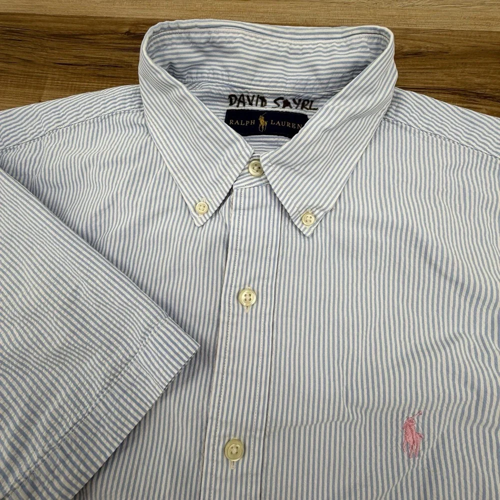 Polo Ralph Lauren Shirt Men Large Blue Seersucker Striped Button Preppy Formal